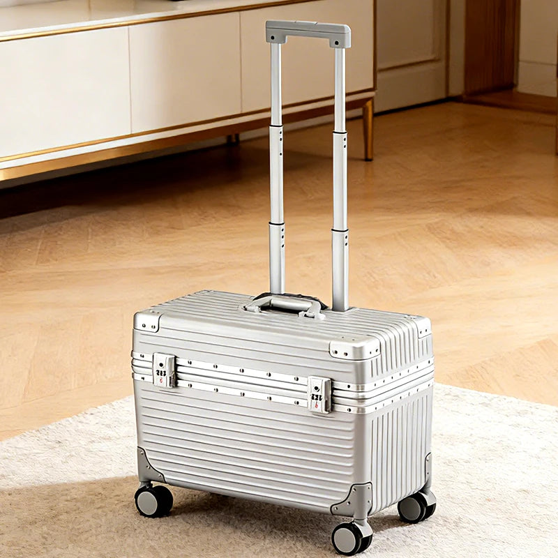 Aluminum suitcase with combination lock.