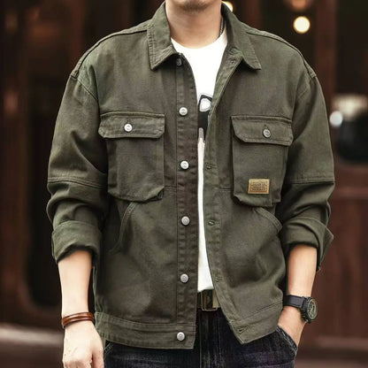 American Style Retro Workwear Jacket Men's Spring Autumn New Fashion Loose Hard Man Hunting Denim Coat Long Sleeve Breathable