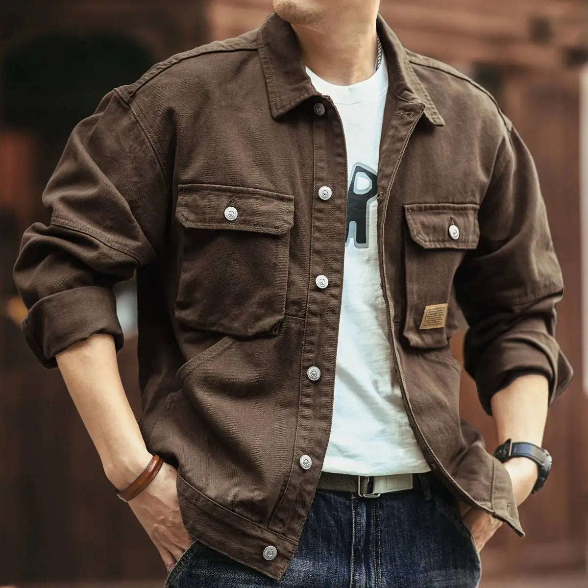 American Style Retro Workwear Jacket Men's Spring Autumn New Fashion Loose Hard Man Hunting Denim Coat Long Sleeve Breathable
