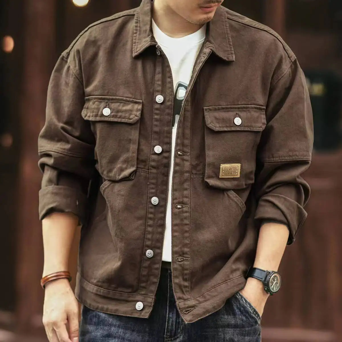 American Style Retro Workwear Jacket Men's Spring Autumn New Fashion Loose Hard Man Hunting Denim Coat Long Sleeve Breathable
